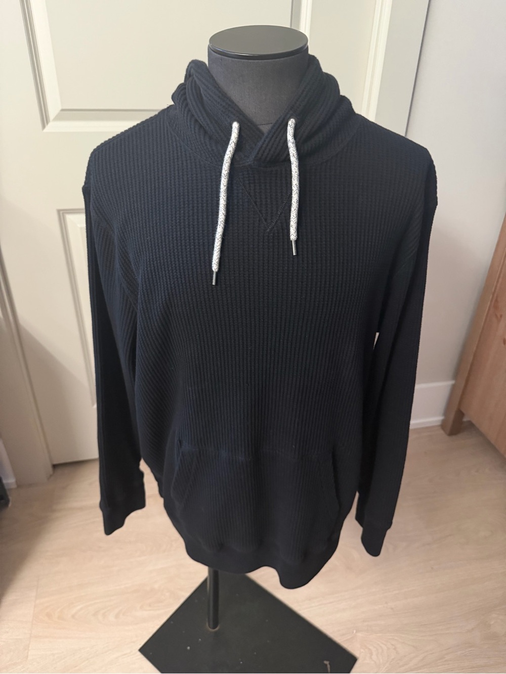 American Eagle Outfitters Black Waffle-Knit Crewneck Pullover with Drawcord